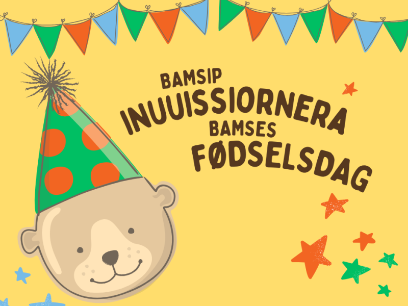 En grafisk fremstilling af en bamse med festhat på samt flagguirlander og stjerner i baggrunden